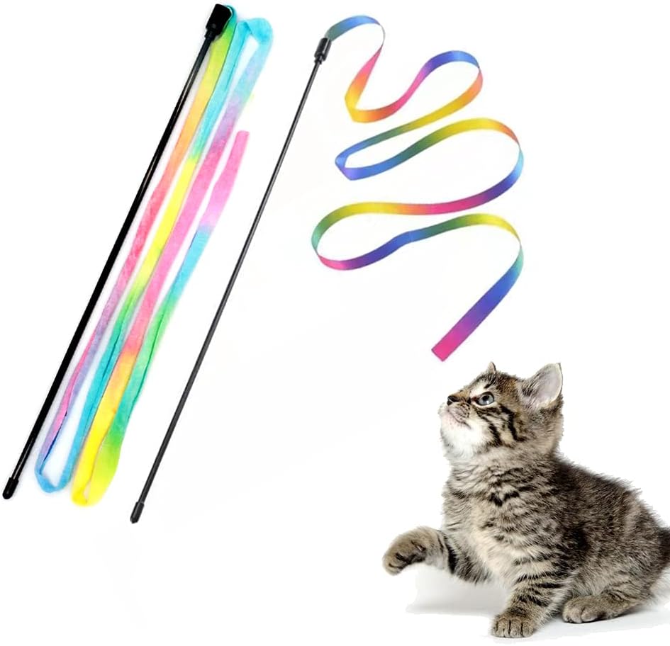 Interactive Cat Rainbow Wand Toys Interactive Cat Teaser Wand String Colorful Ribbon Charmer For Most Cats - Artotee
