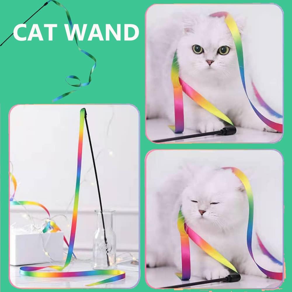 Interactive Cat Rainbow Wand Toys Interactive Cat Teaser Wand String Colorful Ribbon Charmer For Most Cats - Artotee