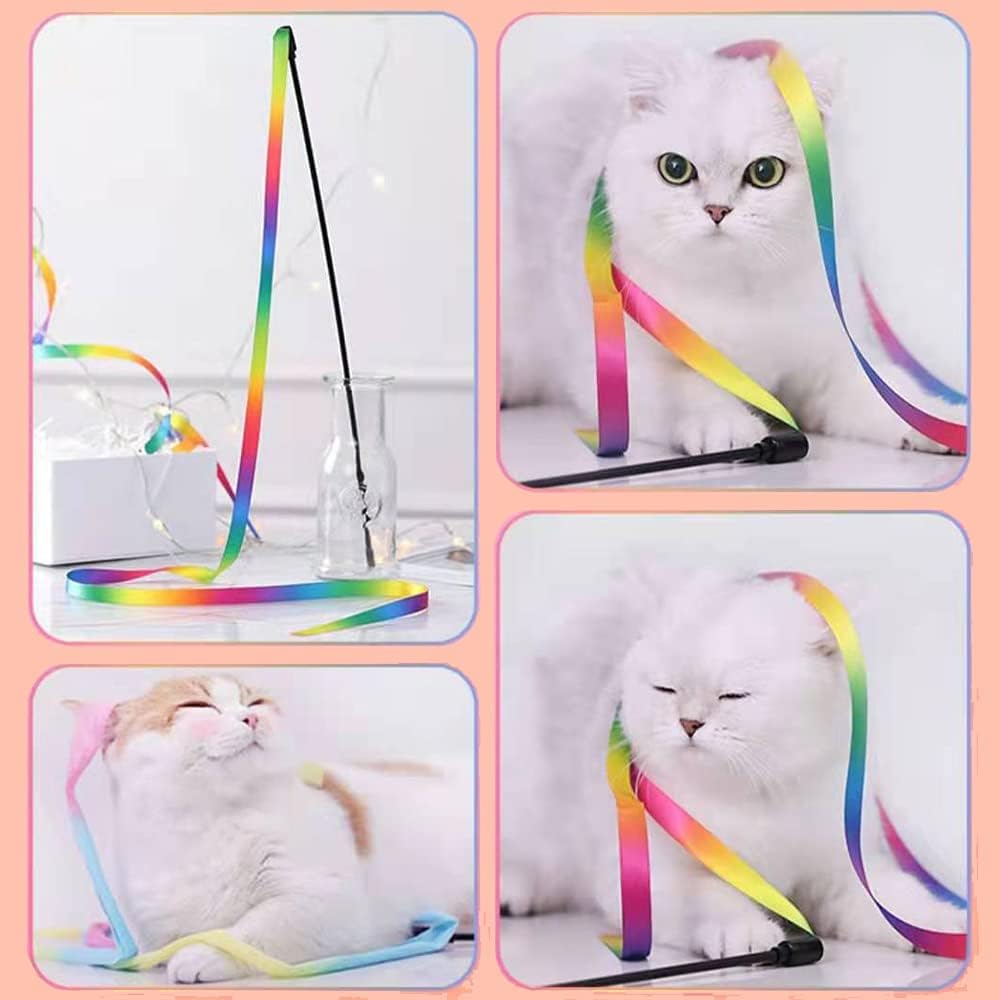 Interactive Cat Rainbow Wand Toys Interactive Cat Teaser Wand String Colorful Ribbon Charmer For Most Cats - Artotee